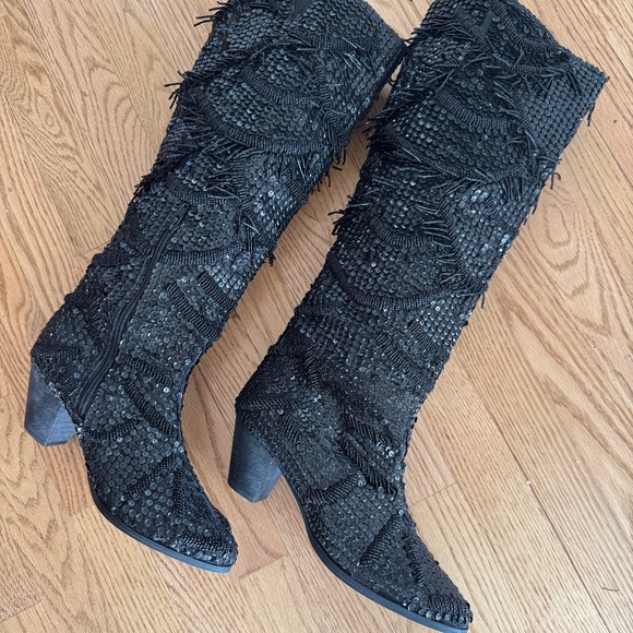 FREE PEOPLE DISCO PARTY Black Beads And Sequins Stacked Heel Boots - 9 US/39 EU - Picture 3 of 7